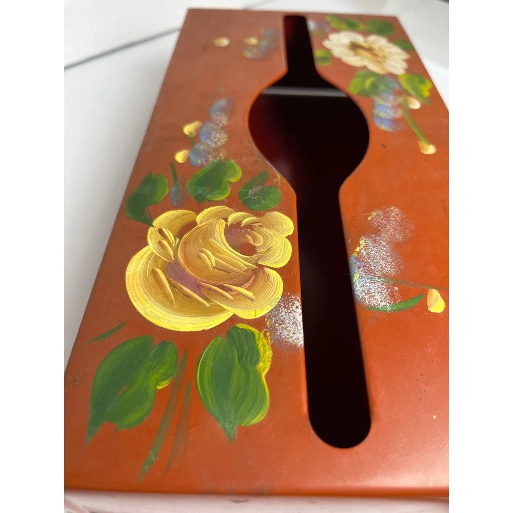Vintage Metal Tissue Holder Hand Painted Floral Wall Mount Toleware Cottagecore